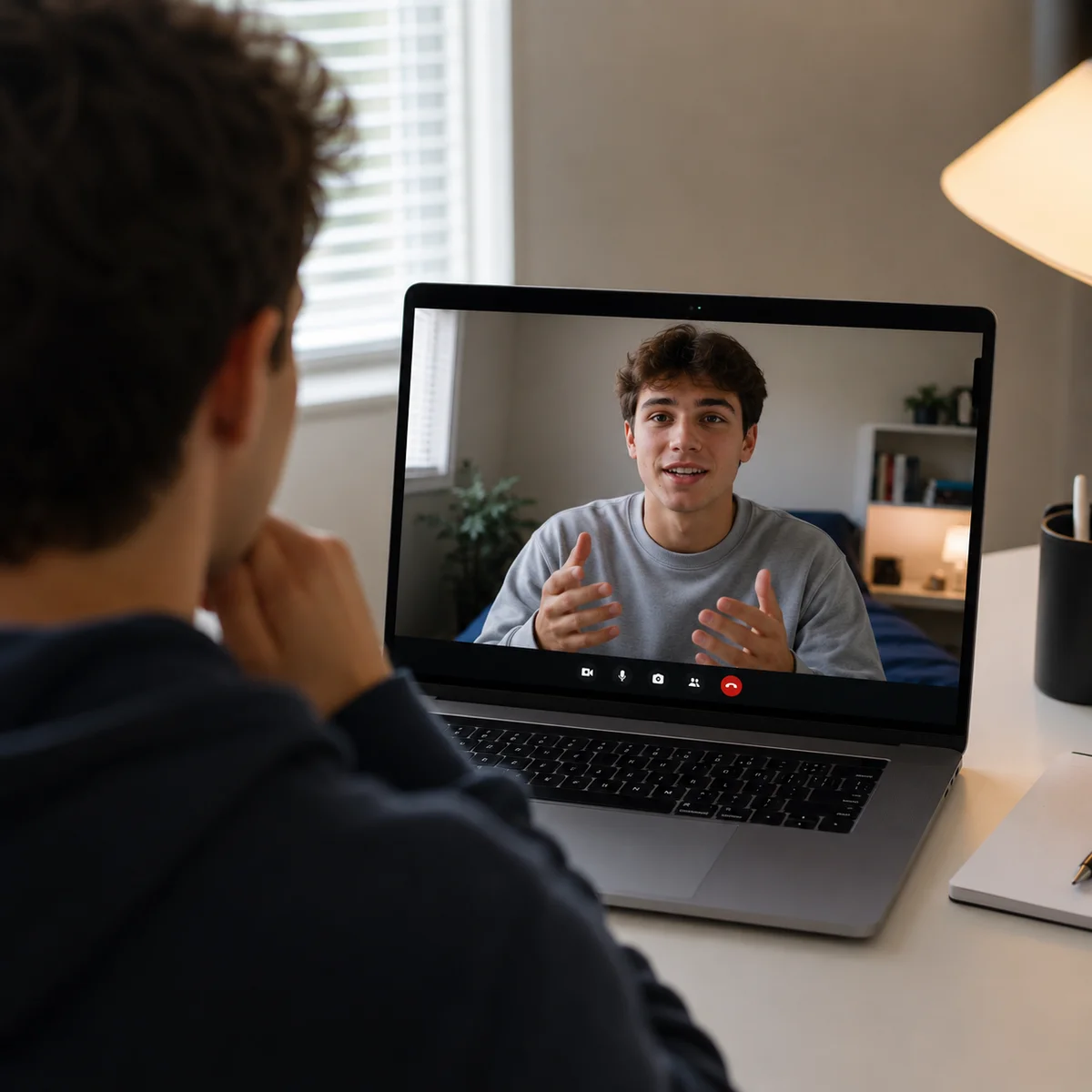 Student on a video chat with a college student guide from their laptop at home